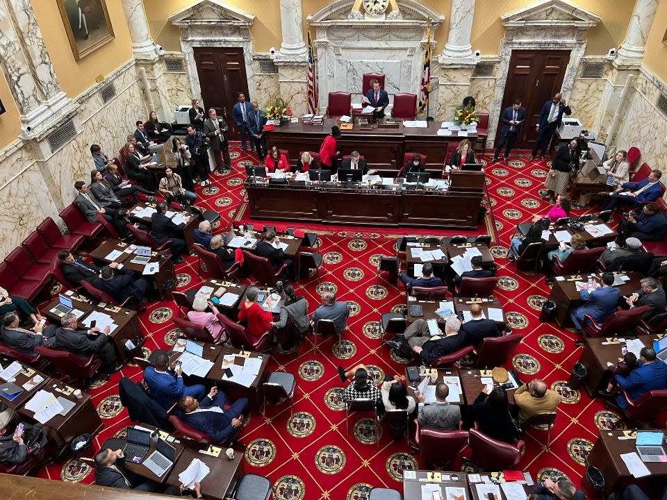 State senators sit during the first day of the legislative session in Annapolis on Jan. 10, 2024.