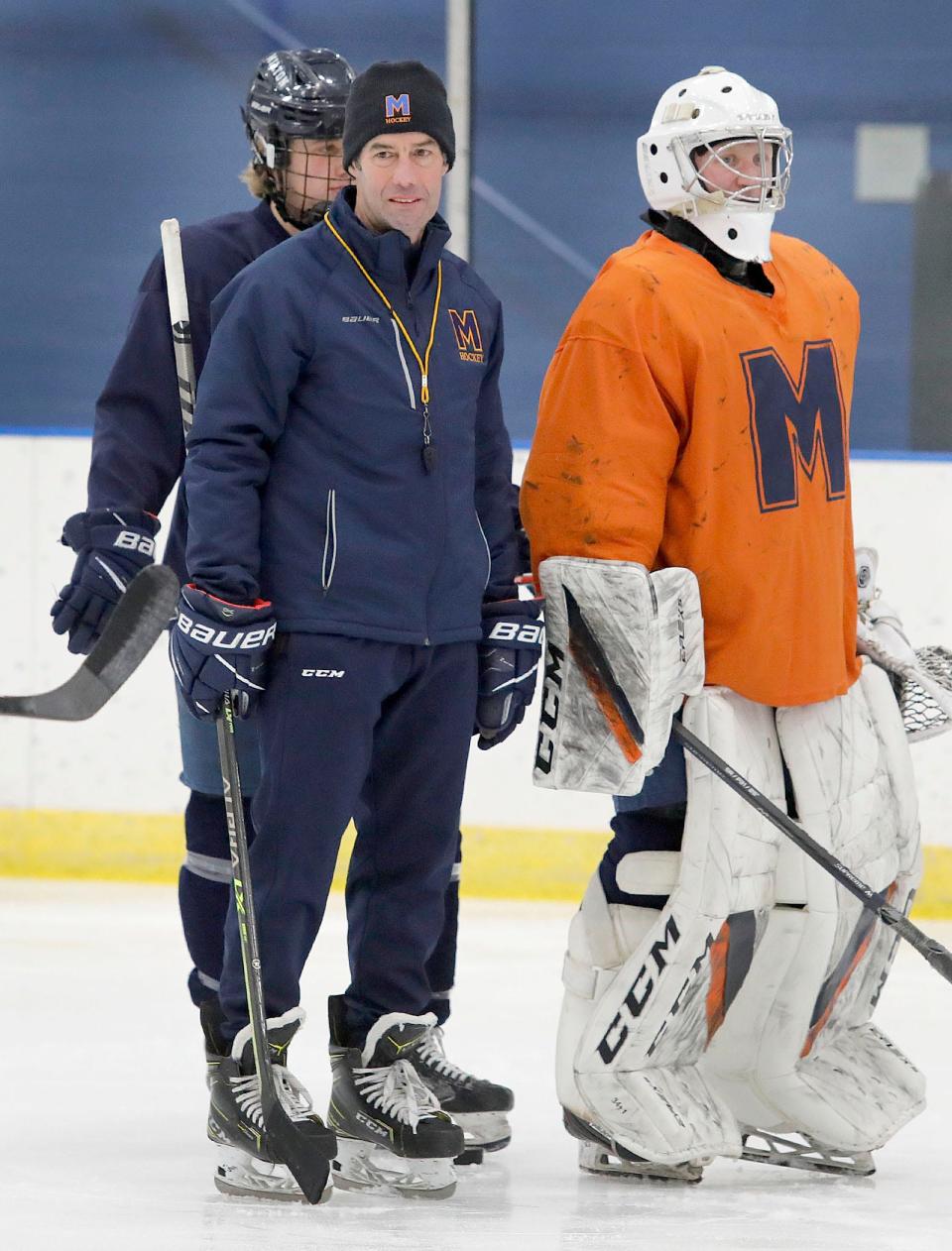 Milton Academy boys hockey coach Paul Cannata at practice on Tuesday February 7, 2023 