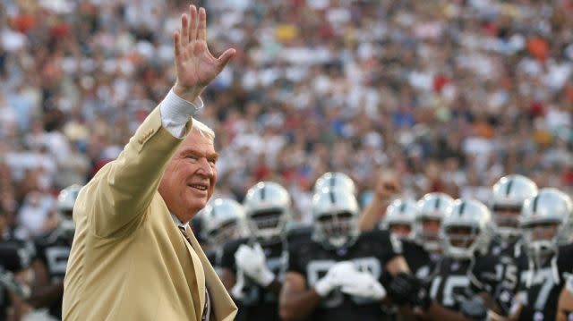 Former Oakland Raiders head coach John Madden waves to the crowd before the AFC-NFC Hall of Fame pre-season game in Canton, Ohio.