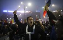 A protester plays drums during a demonstration in Bucharest, Romania, February 5, 2017. REUTERS/Stoyan Nenov