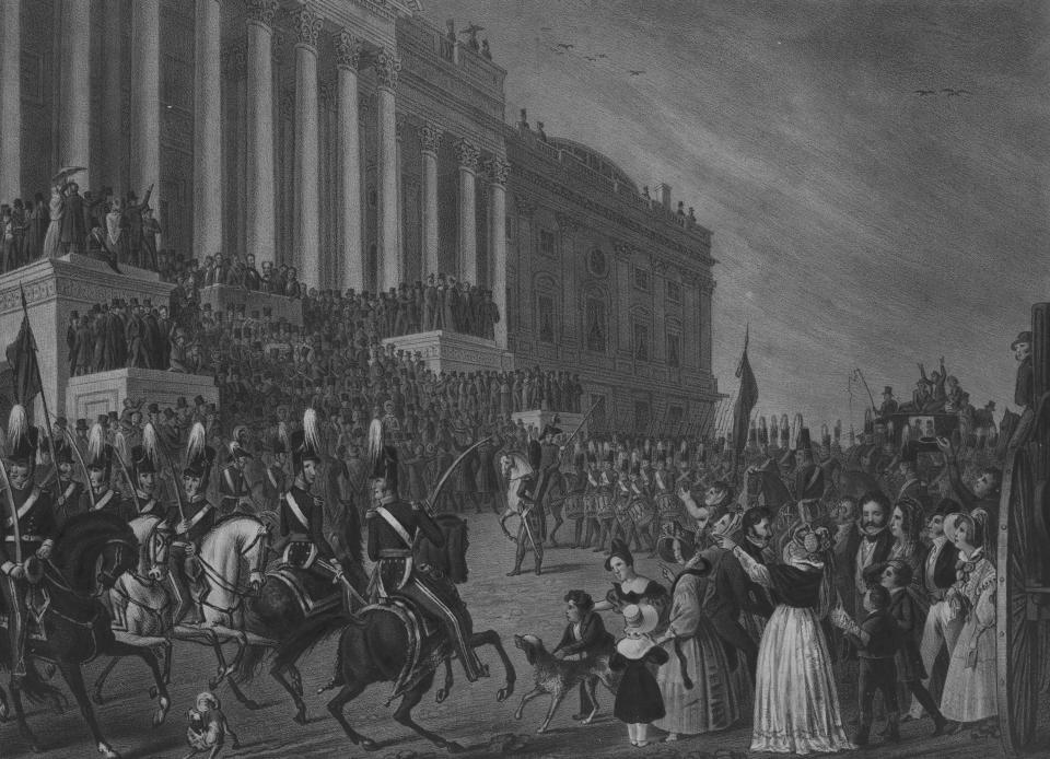 Lithograph of the presidential inauguration of William Henry Harrison on March 4, 1841, in Washington, D.C.