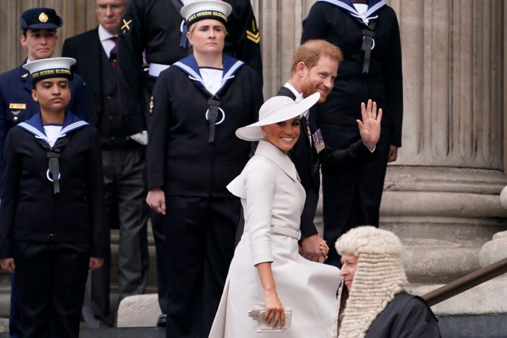 Prince Harry and his wife Meghan, Duchess of Sussex, arrive for a service of thanksgiving for the reign of Queen Elizabeth II at St Paul’s Cathedral in London, Friday, June 3, 2022 on the second of four days of celebrations to mark the Platinum Jubilee. The events over a long holiday weekend in the U.K. are meant to celebrate the monarch’s 70 years of service. (AP Photo/Alberto Pezzali)