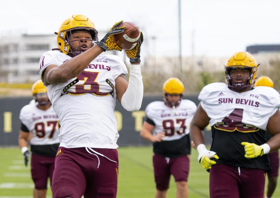 Arizona State defensive lineman Clayton Smith, (3), trains during Spring football practice at Kajikawa fields.