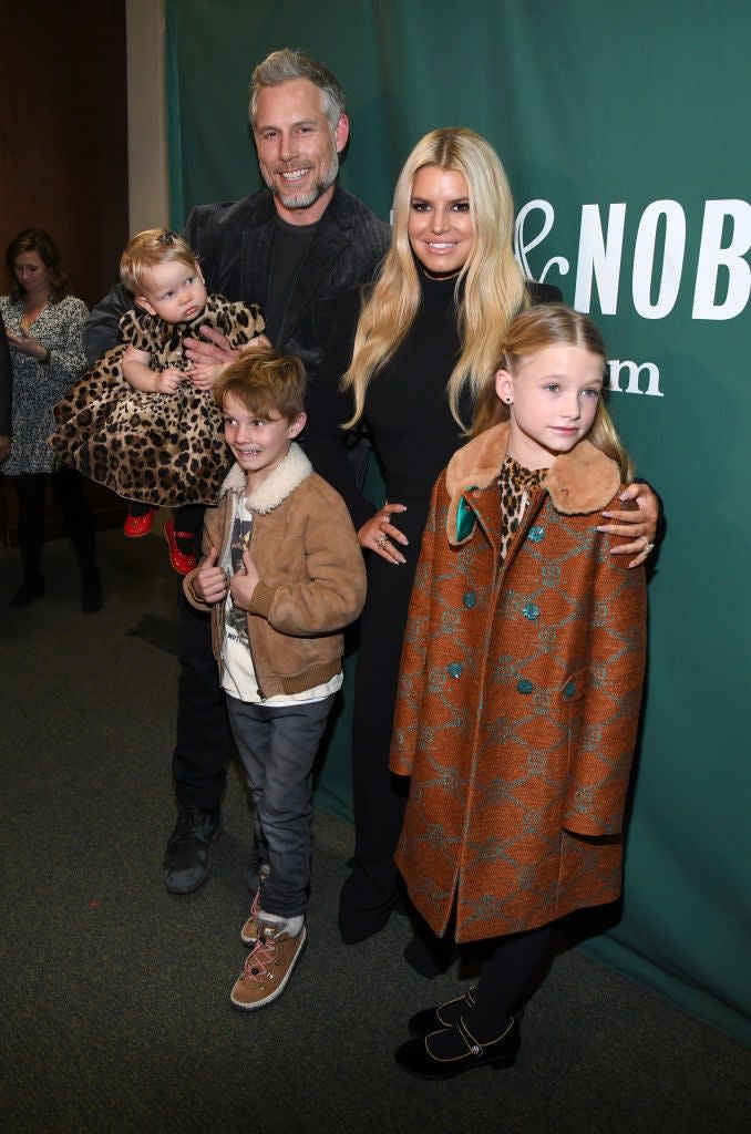 Eric Johnson, Jessica Simpson, Birdie Mae Johnson, Ace Knute Johnson and Maxwell Drew Johnson pose at Barnes & Noble Union Square on February 04, 2020 in New York City.