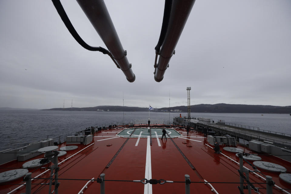 A view from the board of the Northern Fleet's flagship, the Pyotr Veilikiy (Peter the Great) missile cruiser, is seen at its Arctic base of Severomorsk, Russia, Thursday, May 13, 2021. Adm. Alexander Moiseyev, the commander of Russia's Northern Fleet griped Thursday about increased NATO's military activities near the country's borders, describing them as a threat to regional security. (AP Photo/Alexander Zemlianichenko)