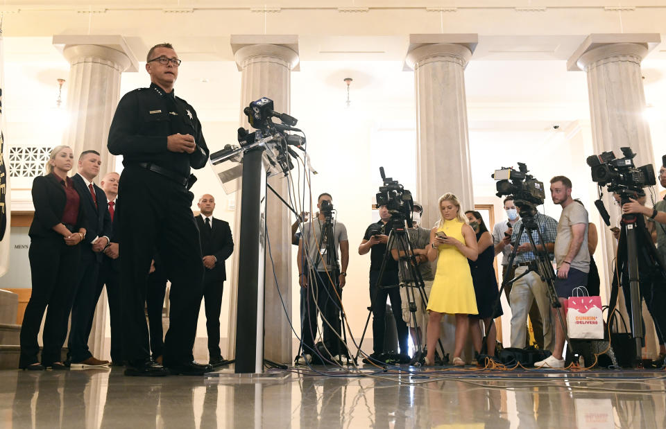 Albany County Sheriff Craig D. Apple speaks during a news conference concerning new complaint allegations against New York Gov. Andrew Cuomo Saturday, Aug. 7, 2021, in Albany, N.Y. Cuomo has faced renewed calls to step down after an independent investigation overseen by the state attorney general’s office concluded he sexually harassed 11 women and worked to retaliate against one of his accusers. (AP Photo/Hans Pennink)