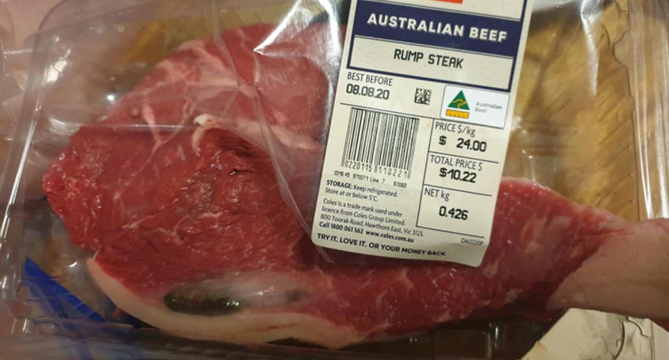 Photo shows rump steak with dark patch on its bottom edge. 