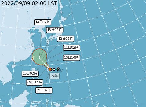 ▲第12號輕颱「梅花」，將持續增強至中度以上，同時向西北前進。（圖／中央氣象局）