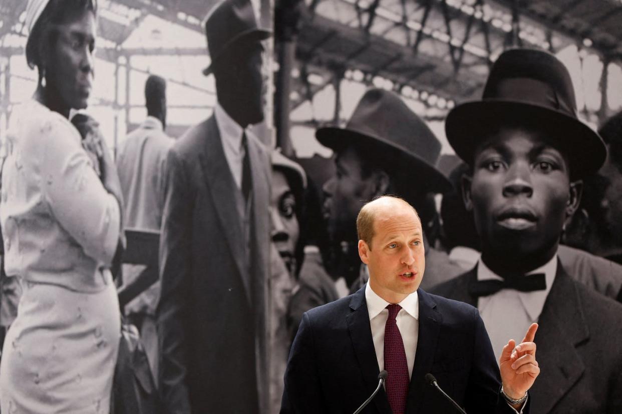 <span class="caption">Britain's Prince William speaks during the unveiling of the National Windrush Monument on June 22, 2022.</span> <span class="attribution"><a class="link " href="https://www.gettyimages.com/detail/news-photo/britains-prince-william-duke-of-cambridge-speaks-during-the-news-photo/1241451369?adppopup=true" rel="nofollow noopener" target="_blank" data-ylk="slk:John SibleyPOOL/AFP via Getty Images;elm:context_link;itc:0;sec:content-canvas">John SibleyPOOL/AFP via Getty Images</a></span>