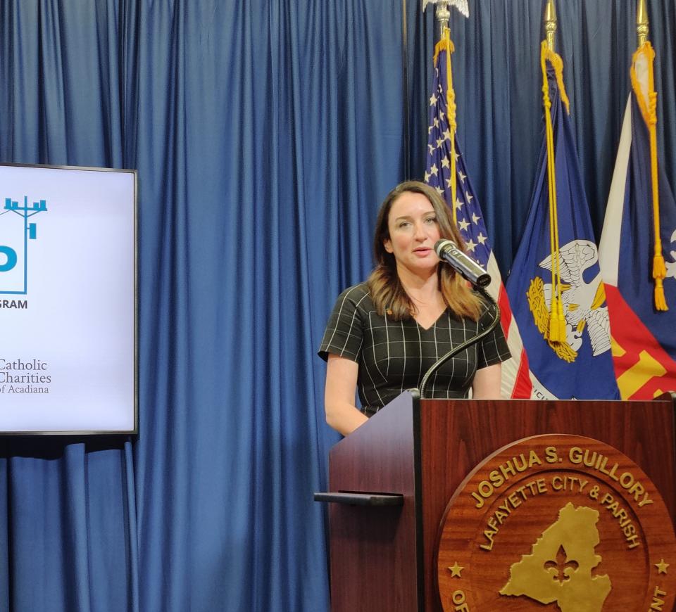 Catholic Charities of Acadiana CEO Kim Boudreaux talks about the new $7 million Lafayette Emergency Assistance Program during a press briefing on Tuesday, March 30, 2021.