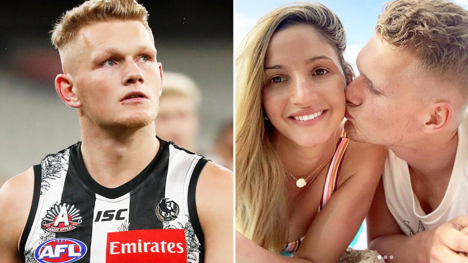 Adam Treloar and wife Kim Ravailion, pictured here on social media.