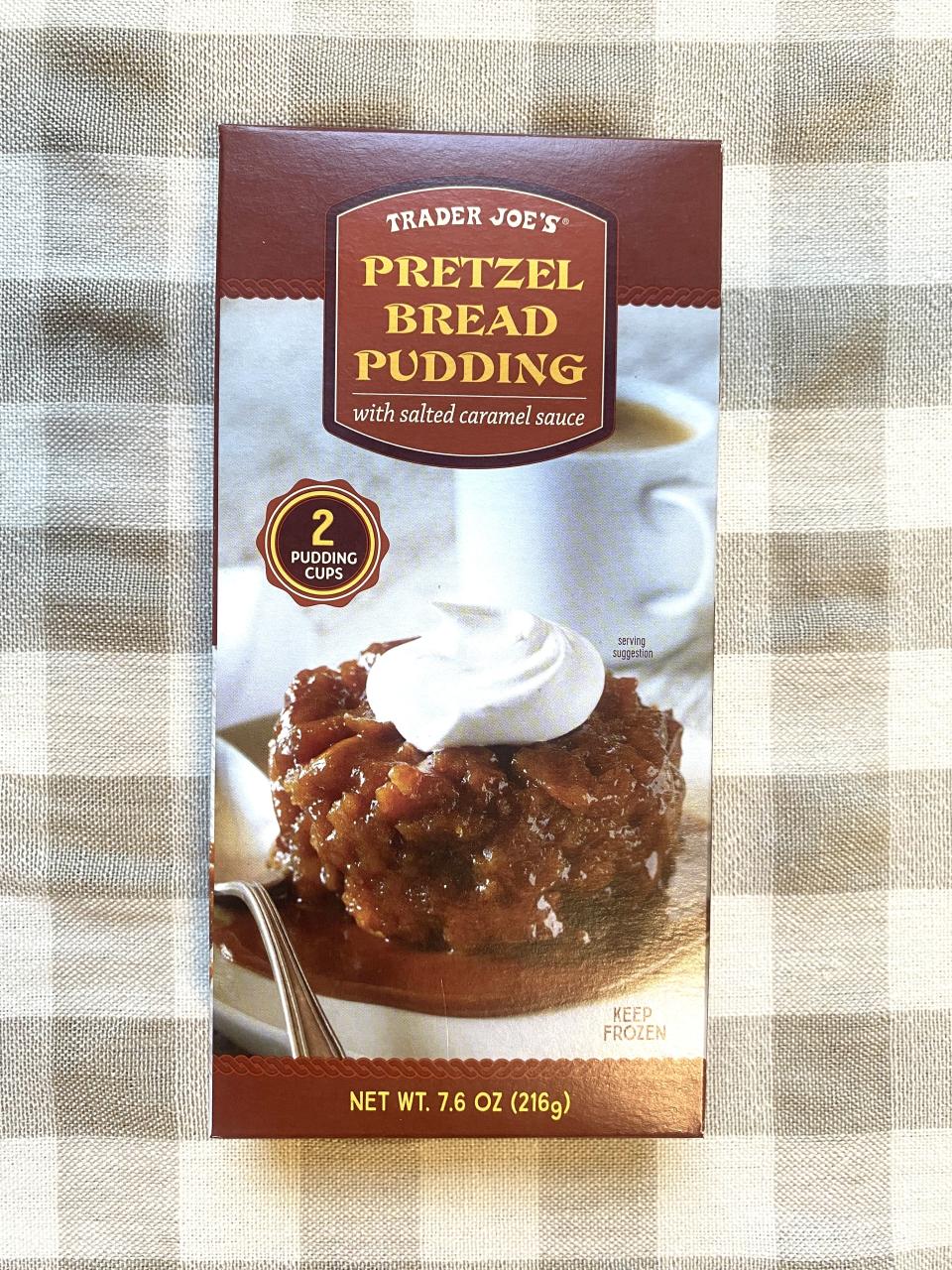 A box of Trader Joe's Pretzel Bread Pudding With Salted Caramel Sauce