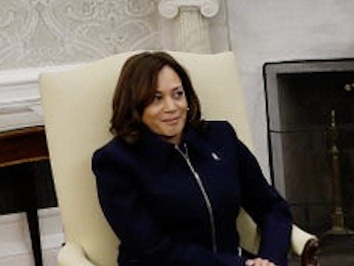 Vice President Kamala Harris sits in the Oval Office on Tuesday, May 16.