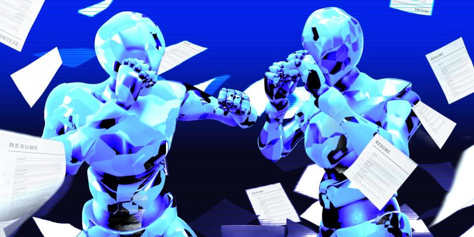 AI Robots battling it out amidst a flurry of falling resumes
