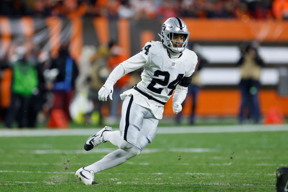 Las Vegas Raiders safety Johnathan Abram (24) plays against the Cleveland Browns on Dec. 20, 2021, in Cleveland.