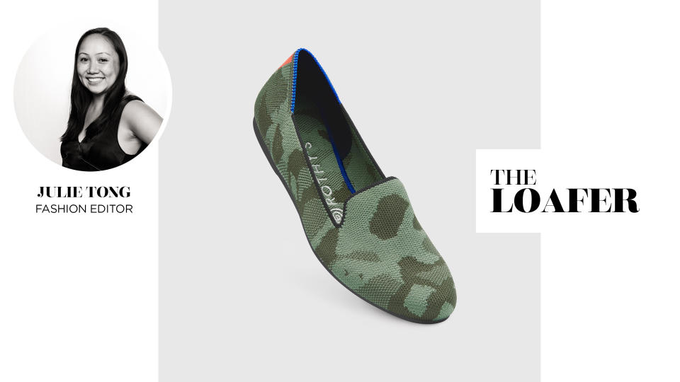 Yahoo Lifestyle Fashion Editor Julie Tong reviews Rothy’s Loafer in Olive Camo. (Photo: Rothy’s)