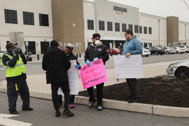 NEW YORK, NEW YORK - MARCH 30: Amazon employees hold a protest and walkout over conditions at the company's Staten Island distribution facility on March 30, 2020 in New York City. Workers at the facility, which has had numerous employees test positive for the coronavirus, want to call attention to what they say is a lack of protections for employees who continue to come to work amid the coronavirus outbreak. (Photo by Spencer Platt/Getty Images)