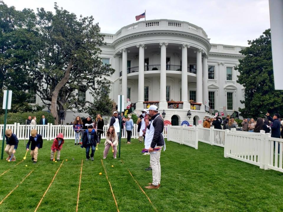 Emerson Derome, 8, and Georgia Glovinsky, 8, of Fremont, center,  took part in the annual White House Easter Egg Roll Monday in Washington D.C.
