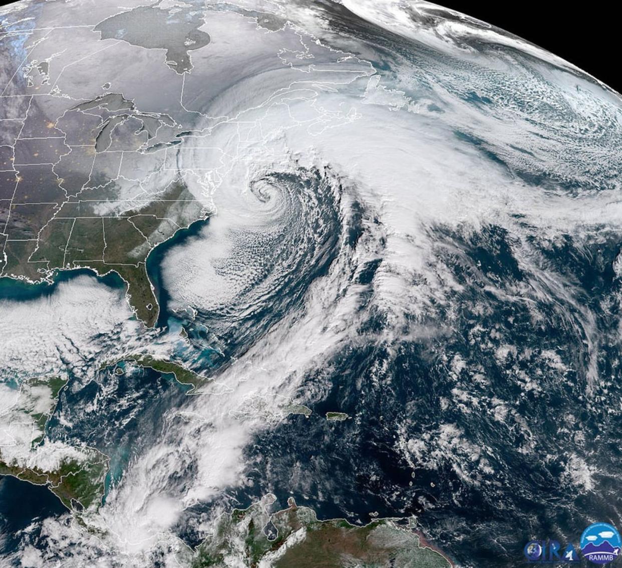 <span class="caption">A bomb cyclone over the U.S. East Coast on Jan. 4, 2017.</span> <span class="attribution"><a class="link " href="https://www.nasa.gov/image-feature/east-coast-bomb-cyclone-seen-by-noaas-goes-16-satellite" rel="nofollow noopener" target="_blank" data-ylk="slk:NOAA/CIRA;elm:context_link;itc:0;sec:content-canvas">NOAA/CIRA</a></span>