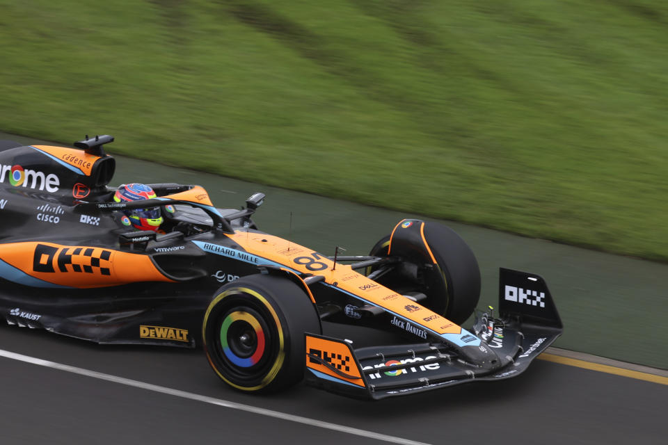 McLaren driver Oscar Piastri of Australia races his car during a practice session ahead of the Australian Formula One Grand Prix at Albert Park in Melbourne, Friday, March 31, 2023. (AP Photo/Asanka Brendon Ratnayake)