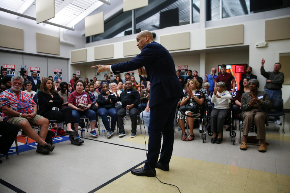 2020 Democratic presidential candidate Cory Booker speaks during an Iowa Democrats Black Caucus town hall in Des Moines, Iowa, U.S., April 16, 2019.  REUTERS/Elijah Nouvelage