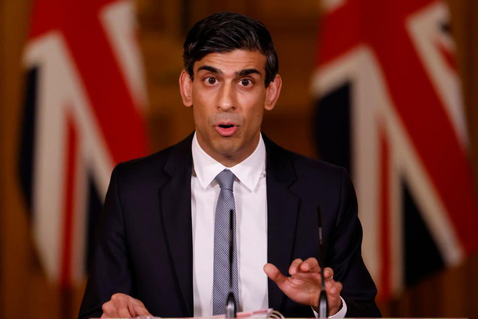 Britain's Chancellor of the Exchequer Rishi Sunak attends a virtual press conference inside 10 Downing Street in central London on March 3, 2021, following his earlier Budget. - Britain on Wednesday sharply cut the growth forecast of its coronavirus-ravaged economy, warning the pandemic was still causing 