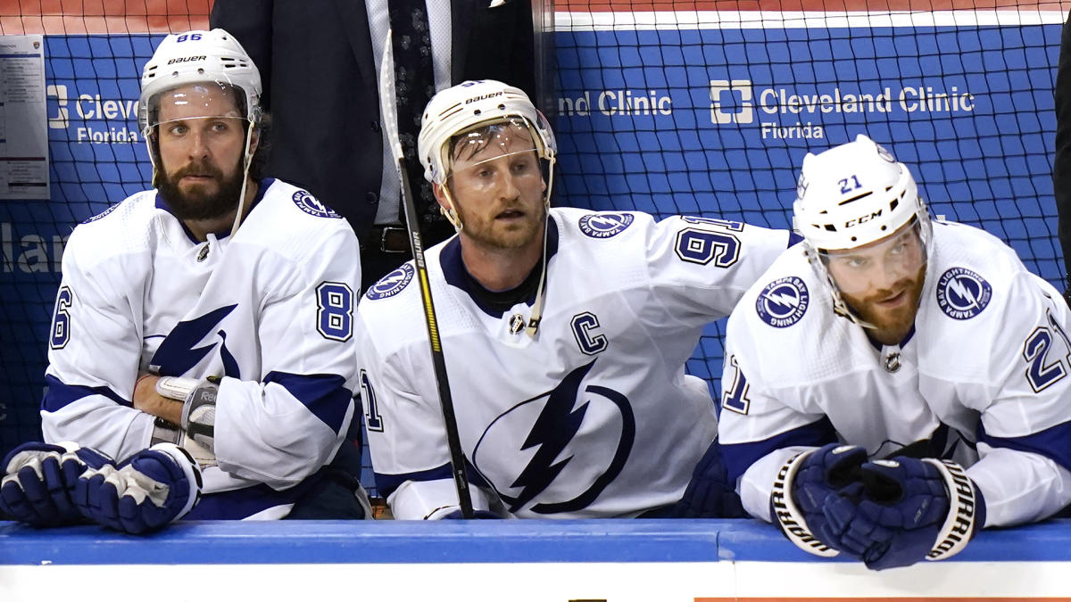 Members of the Tampa Bay Lightning wear Stamkos 1000 jerseys during warmups  before an NHL hockey game against the Toronto Maple Leafs Tuesday, April  11, 2023, in Tampa, Fla. The team is