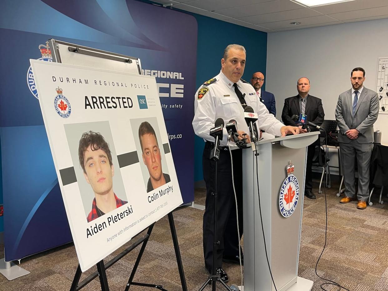 Durham Regional Police Chief Peter Moreira speaks at a news conference about the arrest of Aiden Pleterski, Ontario's self-proclaimed 'Crypto King,' and his associate, Colin Murphy, on fraud charges.  (Thomas Daigle/CBC - image credit)