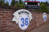 Don Newcombe's No. 36 and Roy Campanella's No. 39 are honored on the left field wall at Holman Stadium, Tuesday, May 23, 2023, in Nashua, N.H. The stadium is being recognized for hosting the country's first racially integrated baseball team, the Nashua Dodgers, in 1946. The club was a minor league league affiliate of the Brooklyn Dodgers, which included Hall of Famer Roy Campanella and future Cy Young Award winner Don Newcombe. (AP Photo/Charles Krupa)