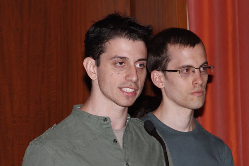 Josh Fattal (L) and Shane Bauer, the two American hikers who were recently released after being held in an Iranian prison for more than two years, speak to the press on their imprisonment at the Parker Meridien New York on September 25, 2011. On August 20, 2011, the two hikers, who said they had wandered into Iran by mistake, were sentenced to eight years in an Iranian prison for espionage. File Photo by Laura Cavanaugh/UPI