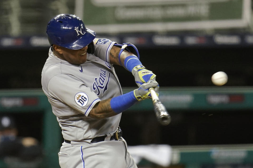 Kansas City Royals' Salvador Perez hits a one-run double in the sixth inning of a baseball game against the Detroit Tigers in Detroit, Wednesday, Sept. 16, 2020. (AP Photo/Paul Sancya)