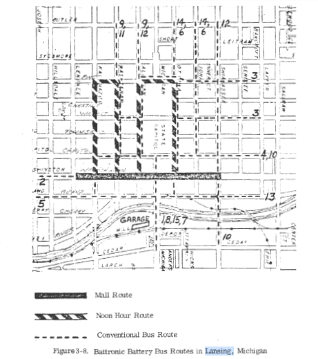 A route map from the short-lived Battronics electric bus pilot in downtown Lansing.