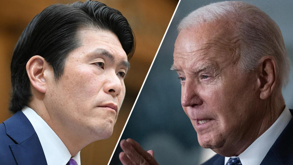 photo split: Robert Hur, left and Joe Biden right