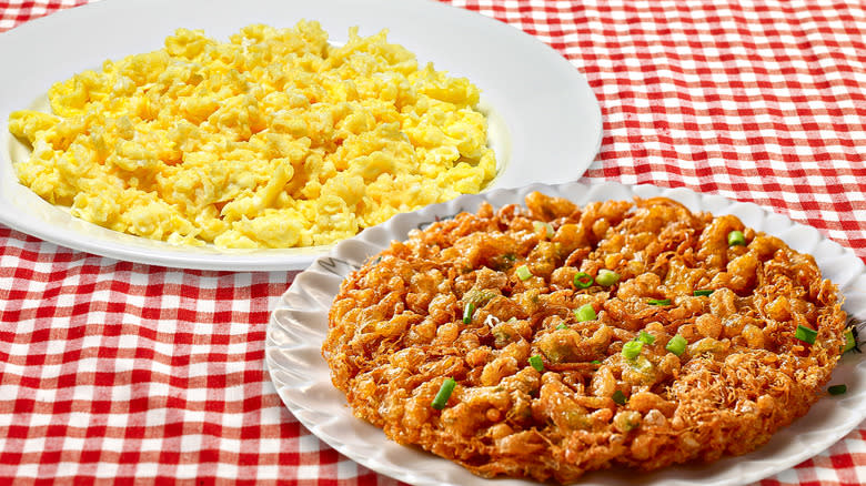 scrambled eggs beside deep-fried scrambled eggs