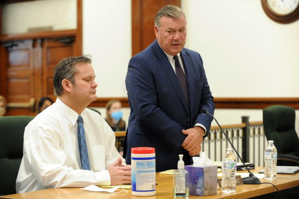 Defense attorney John Prior, right, addresses Magistrate Judge Faren Eddins as to why he and Chad Daybell, left, are not wearing masks in court during a preliminary hearing in St. Anthony, Idaho, on Monday, August 3, 2020.