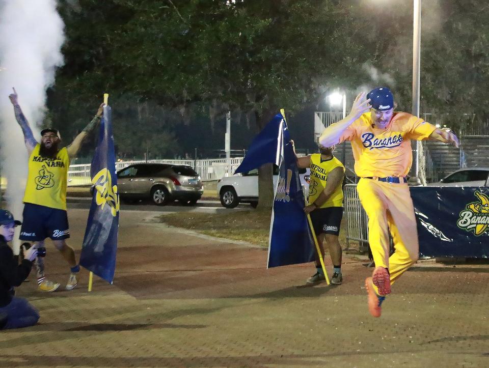 Eric Byrnes was a ball of energy Tuesday night as he burst through the banner after being introduced as the head coach for the Banana Ball team for its 2022 World Tour at Grayson Stadium.