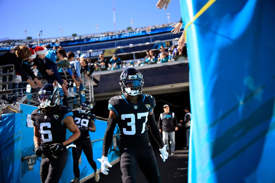 Jacksonville Jaguars cornerback Tre Herndon (37) takes to the field before a regular season NFL football matchup between the Jacksonville Jaguars and the Dallas Cowboys Sunday, Dec. 18, 2022 at TIAA Bank Field in Jacksonville. The Jacksonville Jaguars edged the Dallas Cowboys 40-34 in overtime. [Corey Perrine/Florida Times-Union]