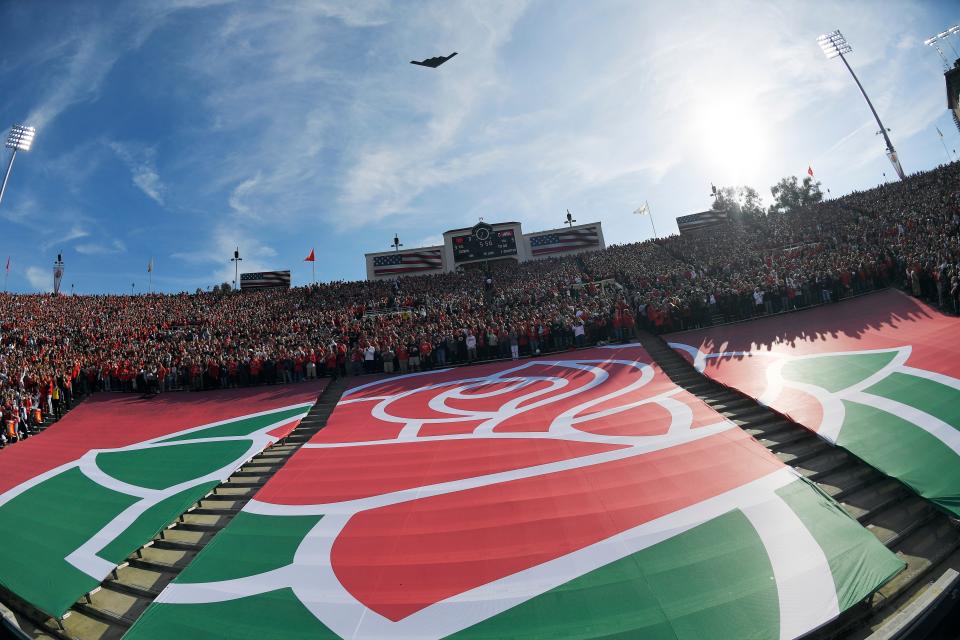 The Rose Bowl logo is seen during a fly over before the Rose Bowl NCAA college football game between Utah and Ohio State Saturday, Jan. 1, 2022, in Pasadena, Calif.