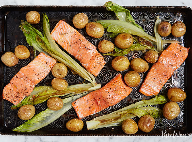 Thursday Dinner: One-Pan Roasted Salmon with Potatoes and Romaine