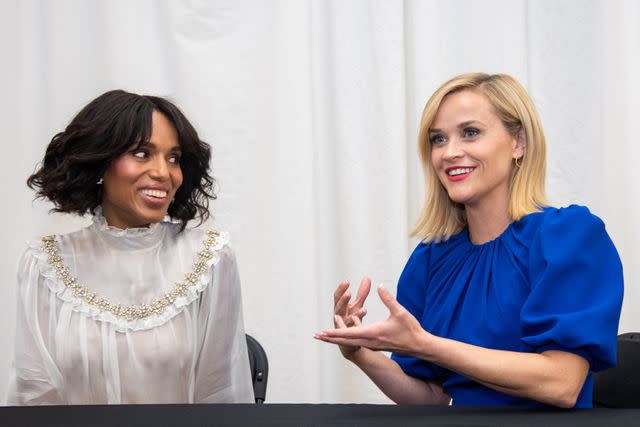 <p>V E Anderson/WireImage</p> Kerry Washington and Reese Witherspoon on the Little Fires Everywhere set in 2019.