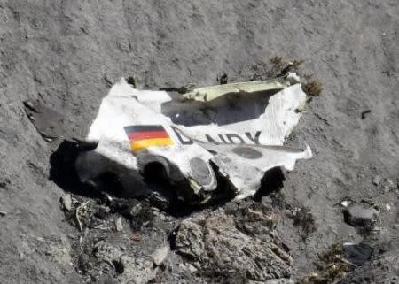 Wreckage of the Airbus A320 is seen at the site of the crash, near Seyne-les-Alpes, French Alps March 26, 2015. REUTERS/Emmanuel Foudrot - RTR4V16P