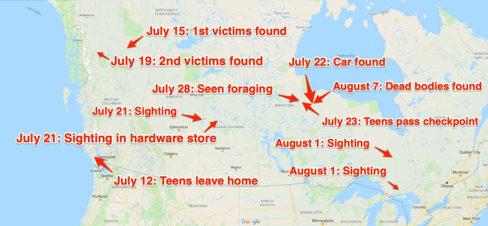 A map showing key locations on the Canadian teens' escape across four provinces.