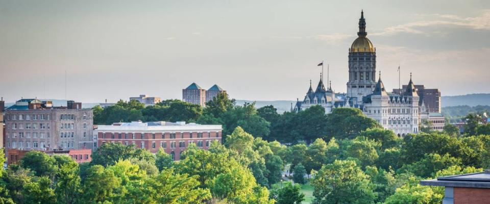 A view of the skyline and the Connecticut State Capitol Building in Hartford, Connecticut.