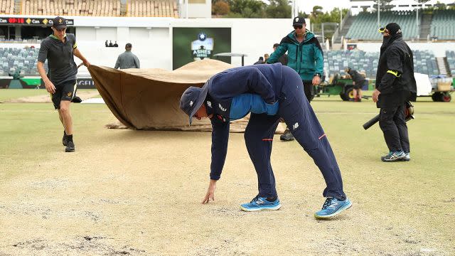 England coach Trevor Bayliss inspects the pitch. Image: Getty