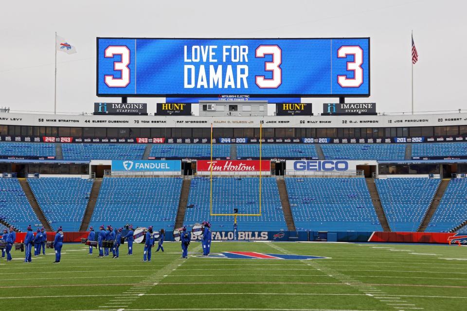 ORCHARD PARK, NEW YORK - JANUARY 08: The scoreboard illuminates a #3 in support of Buffalo Bills safety Damar Hamlin prior to a game between the Buffalo Bills and the New England Patriots at Highmark Stadium on January 08, 2023 in Orchard Park, New York. Hamlin suffered cardiac arrest during the Bills' Monday Night Football game against the Cincinnati Bengals and remains in intensive care. (Photo by Timothy T Ludwig/Getty Images)