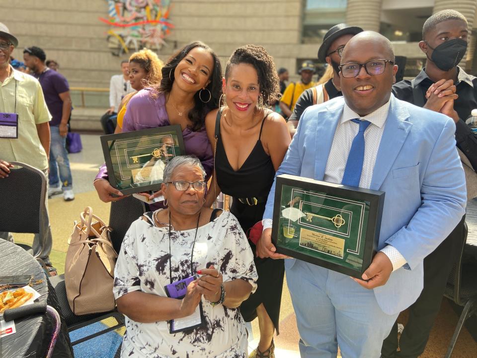 Actress Chanté Adams, standing at left, and playwrights Dominique Morisseau and Michael R. Jackson with former Cass Tech teacher  Marilyn McCormick, seated, during Broadway Comes Home to Detroit.