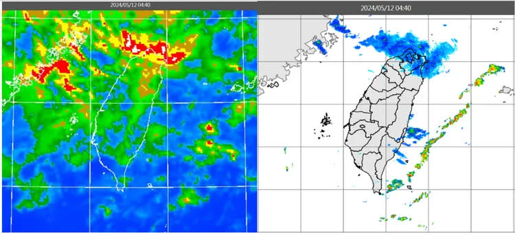 今（12）日清晨4時40分紅外線色調強化雲圖顯示，台灣上空中高雲逐漸增多（左）；雷達回波合成圖顯示，北部有微弱降水回波（右）。氣象應用推廣基金會