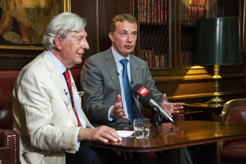 Danish People's Party chairman Morten Messerschmidt, right, and former brigadier general British Geoffrey Van Orden, of the NO campaign, give a press conference at The Library Bar in Copenhagen, Monday 30 May 2022. Historically skeptical about European Union efforts to deepen security cooperation, Danish voters on Wednesday, June 1, 2022 will decide whether to abandon their country’s opt-out from the bloc’s common defense policy. (Martin Sylvest/Ritzau Scanpix via AP)