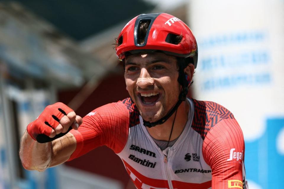 Trek  Segafredo’s Giulio Ciccone celebrates as he crosses the finish line to win the eighth stage of the 75th edition of the Criterium du Dauphine