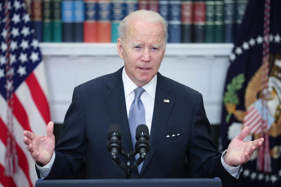 WASHINGTON, DC - APRIL 21: U.S. President Joe Biden delivers remarks on Russia and Ukraine from the Roosevelt Room of the White House April 21, 2022 in Washington, DC. Biden announced an additional $800 million in military aid to Ukraine during his remarks. (Photo by Win McNamee/Getty Images) ORG XMIT: 775802775 ORIG FILE ID: 1392760688